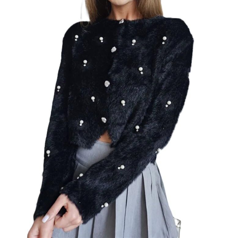 Melliflo Womens Mohair Sweaters Cardigans Round Neck Button Up Peal Fuzzy Sweater Drop Shoulder Cropped Sweater Coat