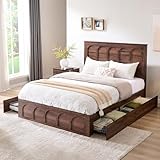 ACCOHOHO Modern Queen Size Bed Frame with 4 Drawers, 52' Tall Arched Recessed Headboard, Solid Wood Slats Support, Noise Free, No Box Spring Needed, Wood Platform, Brown