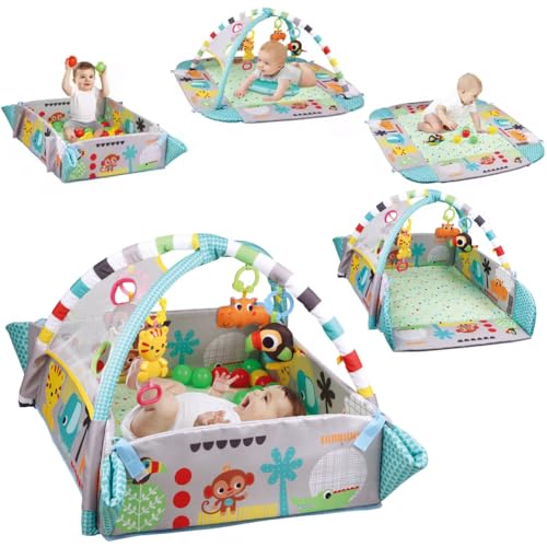 Lapakey ベビープレイマット 赤ちゃん早期教育 クロールマット 新生児ジムプレイマット 5-in-1 ゲームマット 30 個のボールを備えた ボールプールおもちゃ 新生児 ベビー おもちゃ 0歳 ファッションおもちゃ 屋内遊具 全身運動 (グリーン)