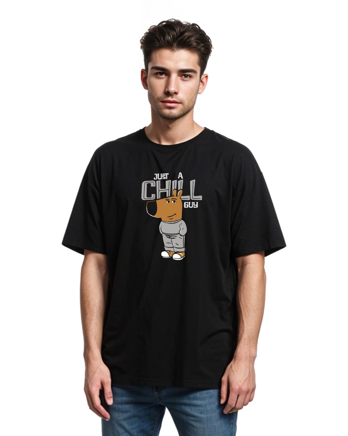 High on Soda Just A Chill Guy Black Oversized Printed T-Shirt for Men - Half Sleeve