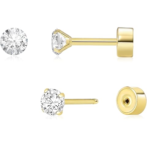 Threadless Flat Back Earrings, Hypoallergenic 14K Real Gold Plated CZ Stud Earrings | Cartilage Earring | Tragus Helix Piercing Jewelry | Push in Flatback Earrings for Women Men