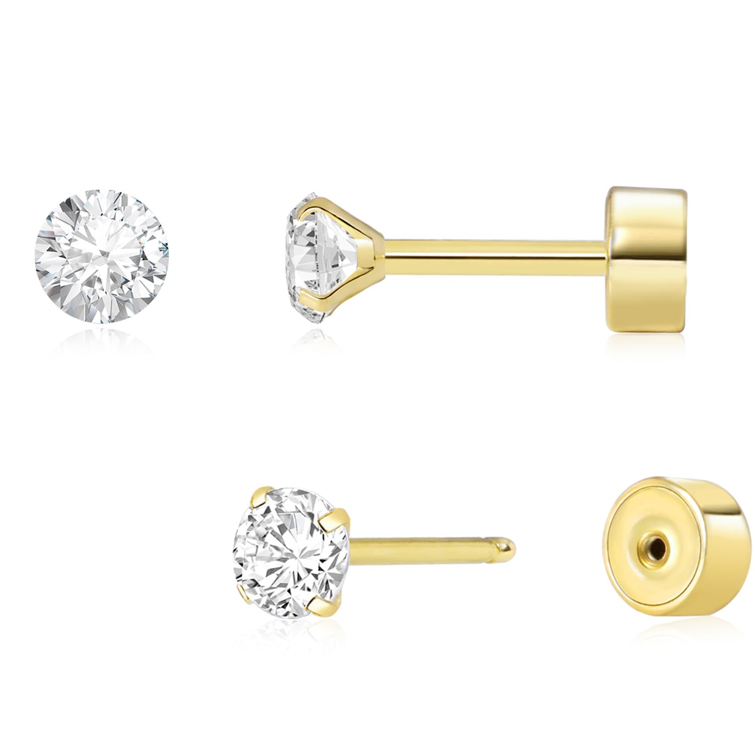 Sweetkiki Threadless Flat Back Earrings, Hypoallergenic 14K Real Gold Plated CZ Stud Earrings | Cartilage Earring | Tragus Helix Piercing Jewelry | Push in Flatback Earrings for Women Men