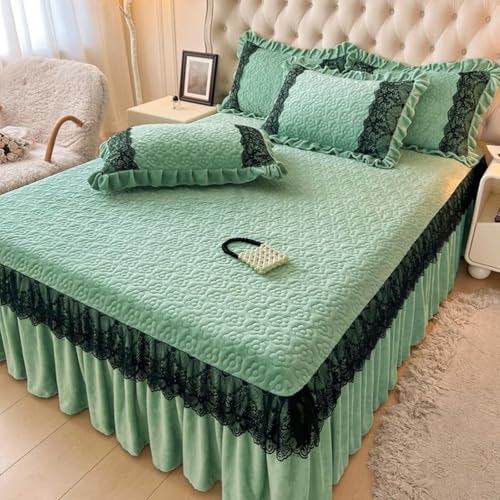 Beydodo Juego de Sábanas Bajera de 3 Piezas 180 x 220 CM + 2 Fundas Almohada,Terciopelo Sabanas Bajera Suave Patrón de Floral con Encaje Bordado Verde