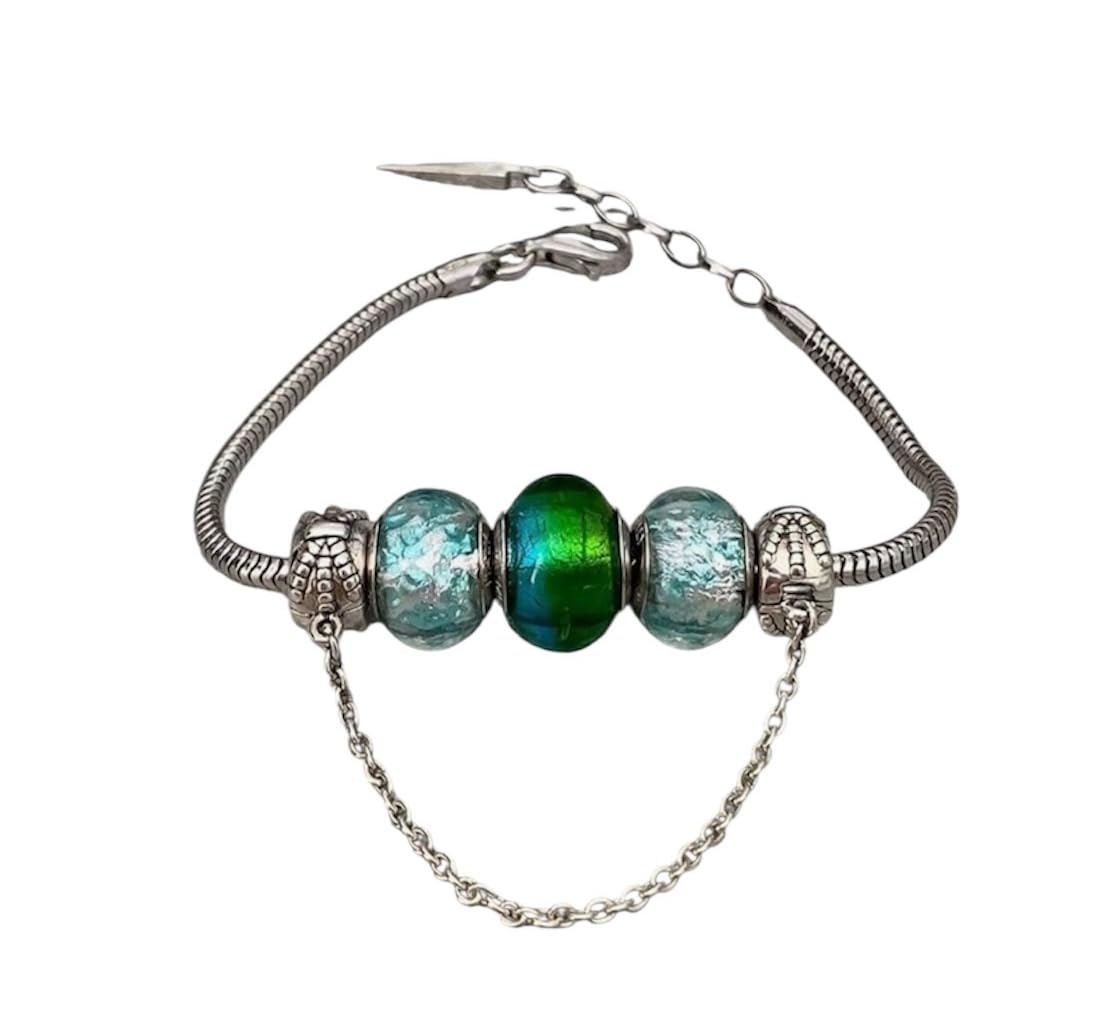 Bracciale con ciondoli a 3 perline, in vetro di Murano, colore: Blu/Verde autentico e argento 925 rodiato