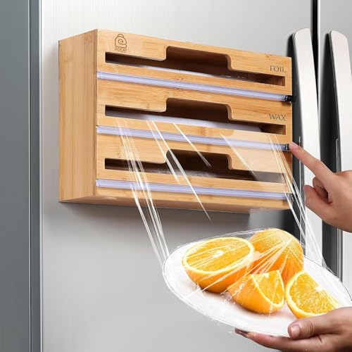 Image of DOCAT Foil Paper Cutter and Holder, 3 in 1 Aluminum Foil and Plastic Wrap Organizer for Drawer and Wall, Compatible with Cling Film, Tin Foil and Wax Paper (Bamboo)
