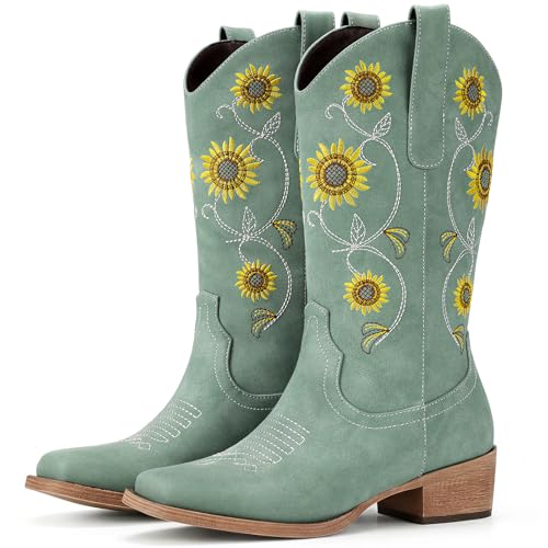 Image of Cowboy Boots for Women - Mid Calf Western Sunflower Cowgirl Boots with Floral Embroidery, Square Toe Stitched Pull On Retro Design, Perfect for Country Idyll, Concerts and More