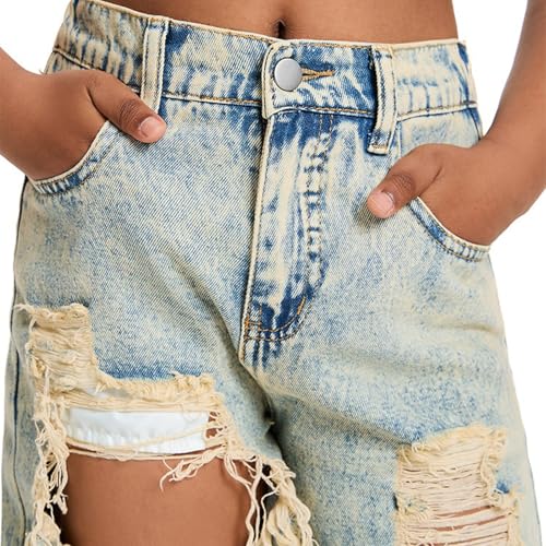 Ripped Denim Jeans for Kids Straight Wide Leg Distressed Washed Cotton Baggy Pants Casual Lightweight Trendy Streetwear2