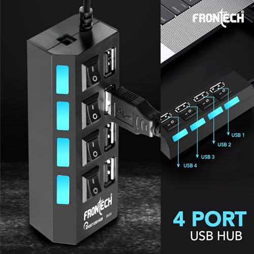Image of Frontech 4-Port USB Hub with Individual On /Off Switches, LED Indicators, 40 cm Cable, Optional Power Input Port, Plug-and-Play Multi-Device Connectivity, Backed with 1 Year Warranty