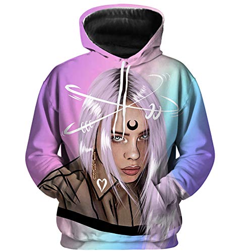 Gut Aussehend Billie Eilish 3D Druck Pullover, Leicht Schlank Sweatshirt mit Taschen und Kordelzug,A3,XX Large