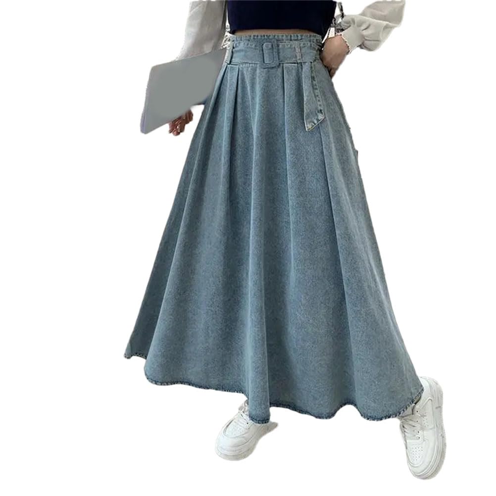 Falda de mezclilla plisada vintage para mujer, casual, lisa, holgada, de cintura alta, falda larga