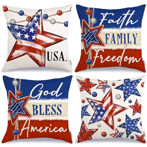 GEEORY 4th of July Pillow Covers 20x20 Inch Set of 4, Patriotic Stars Faith Family Freedom God Bless America Striped Farmhouse Decorative Throw Pillowcases for Home Sofa Couch Decoration G526-20