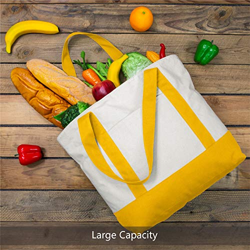 Image of TOPDesign 1-Pack Canvas Tote Bag with an External Pocket, Reusable Grocery Shopping Bag, Top Zipper Closure, Daily Essentials (Yellow /Natural)