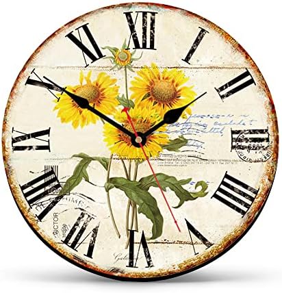 ShuaXin Yellow Sunflowers Decoration Wall Clocks,12 Inch Wooden French Country Style Wall Clock,Vintage Rustic Quality Quartz Non Ticking Wall Clock