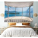 ANLAI 大きな窓のタペストリー海の景色モダンな建物の壁掛け家の装飾のための寝室の居間 230cm x 150cm