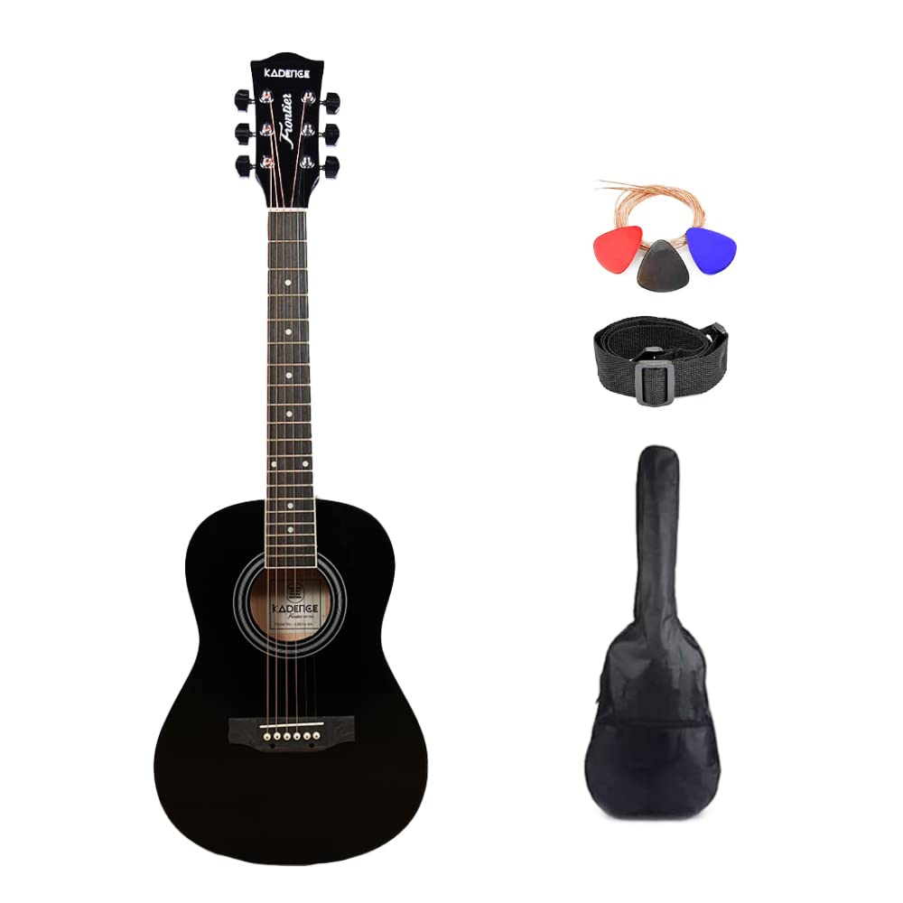 Kadence Frontier 34 Inch Rose Wood Guitar For Kids, Travel Guitar For Adult Acoustic Guitar With Set Of Strings, Strap, Picks And Bag (Black Guitar)