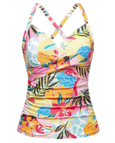 Women Tankini Bathing Suit Top - Twist Front V Neck Swim Top Only Ruched Tummy Control No Bottom 2025