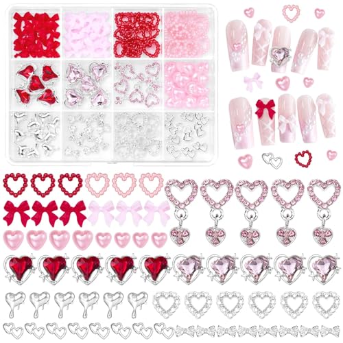 Valentine's Day Nail Charms，Pink Colors Red Bows Hollow Rhineston...