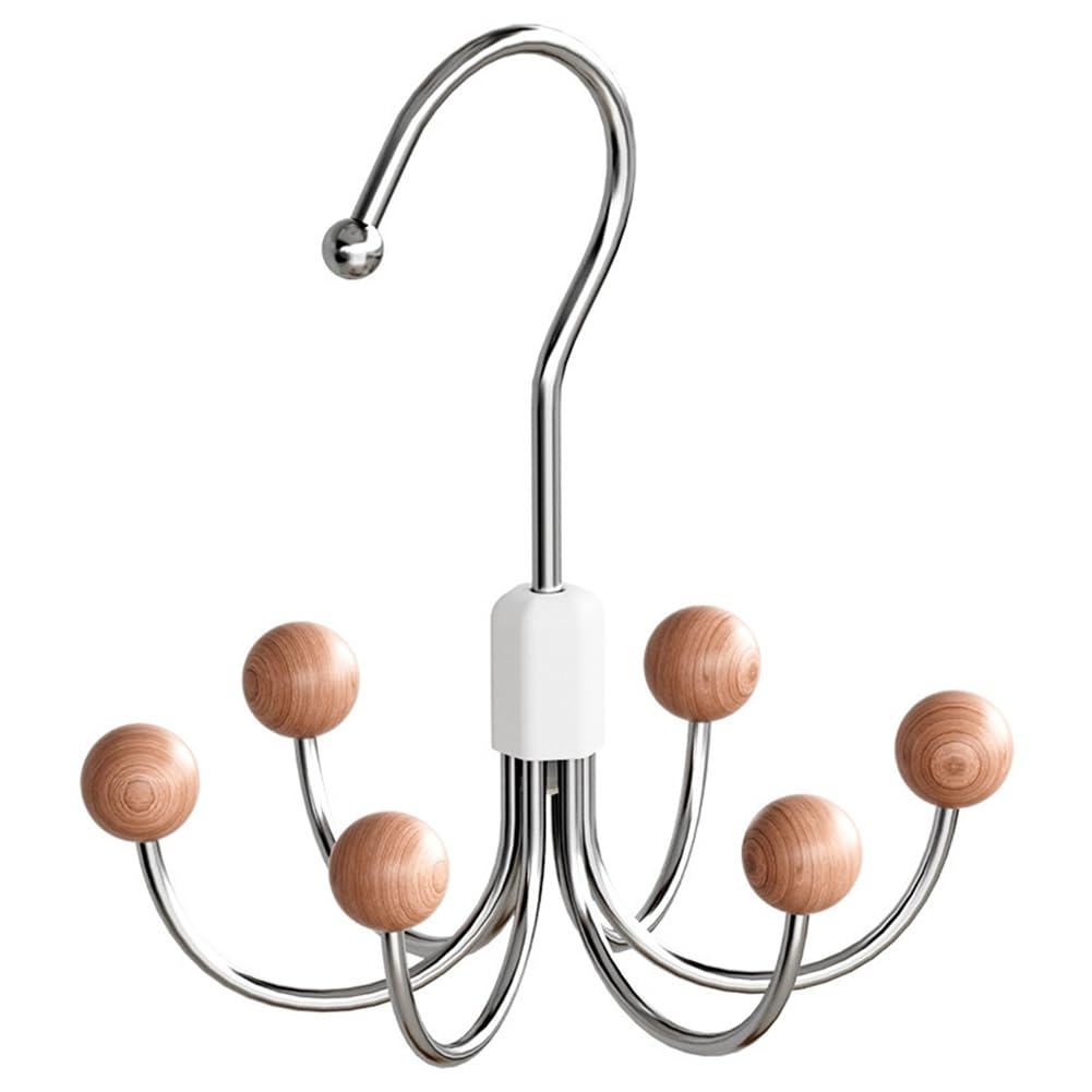 UDSKNV[KSL 3pcs Wardrobe Hooks with Wooden Balls, 6-Hook Metal Hanger, 5.5-Inch Rotating Storage Rack for Belts, Ties, and Scarves