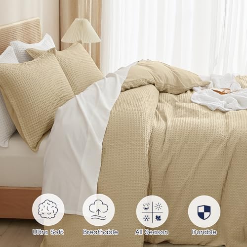 Image of PHF Waffle Weave Duvet Cover Set Queen Size, No Snagging Ultra Soft Luxury Textured Breathable Comforter Cover for All Season 3pcs, Durable Bedding Duvet Set with 2 Pillow Shams, 90 inchx90 inch, Khaki