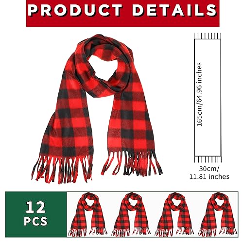 Chuarry 12 Pcs Christmas Buffalo Plaid Scarves Bulk Fringe Red and Black Big Grid Long Shawl Tassel Edge Winter Warm Check Large Pashmina Men Women's Cold Weather Scarves and Wraps2