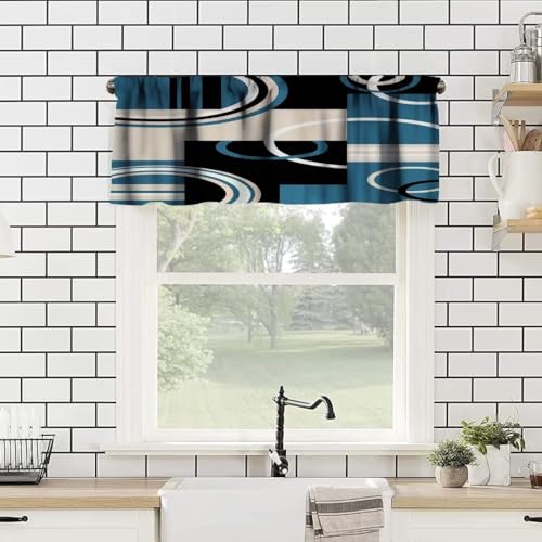 Image of Black Blue Geometric Window Valance Curtain, Mordern Turquoise Abstract Stripe Retro Circle Swirls Window Treatment Valances for Home Kitchen Cafe Decor 54'x18', 1 Panel