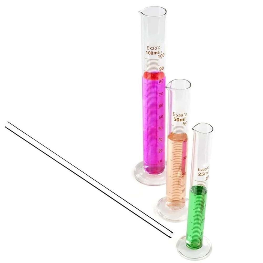 Confezione da 5 cilindri graduati in vetro da 5 ml, 10 ml, 25 ml, 50 ml e 100 ml, set di cilindri da laboratorio con 1 asta