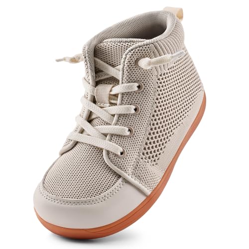 WateLves Toddler Little Kids Wide Barefoot Shoes Girls Boys Lightweight Boots Minimalist High Top Walking Shoes Breathable Comfort-Forward Ankle Support (Beige, 24)