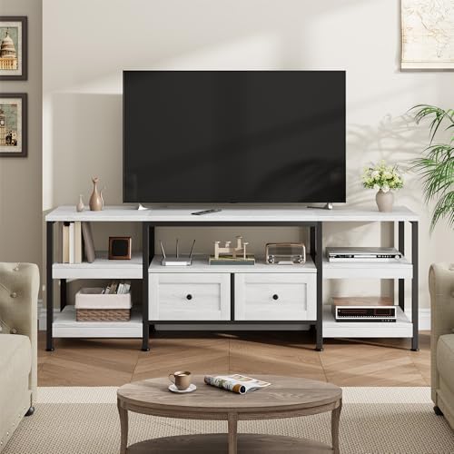 Garvee Industrial TV Stand with 2 Drawers, 79 in Entertainment Center, Fits TVs Up to 85 in, Rustic Style Media Console with Storage Shelves, White - image 8