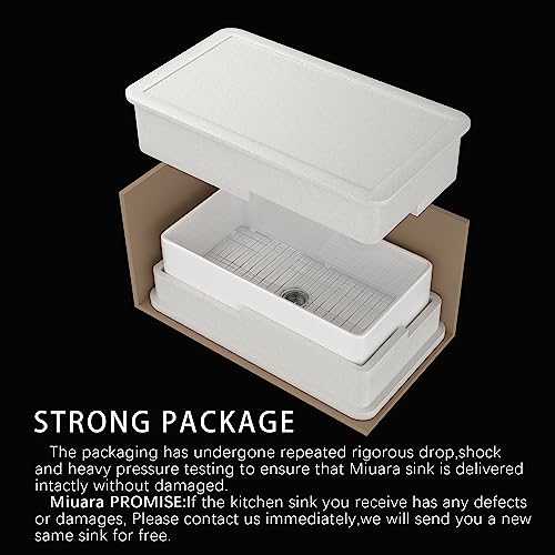 Miuara Farmhouse Sink 30 Inch X 18 Inch Fireclay White Farmhouse Sink Deep Apron Front Farmhouse Kitchen Sink Single Bowl Undermount Farm Sink With Custom Bottom Grid & Kitchen Sink Strainer #TOP5