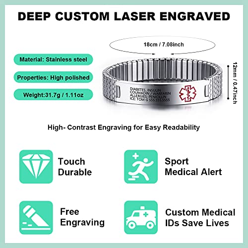 LanM Medical Alert Bracelets for Men & Women - Free Engraving, Stainless Steel, 7.9-8.7 Inch4