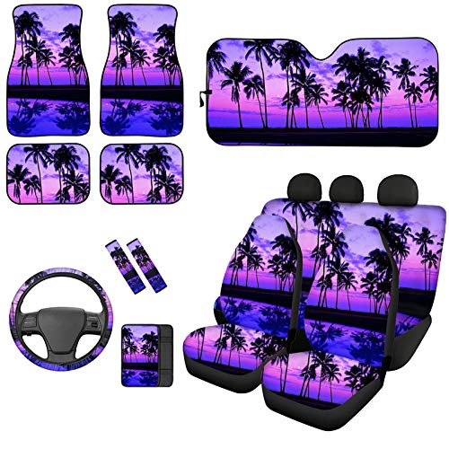 TOADDMOS Purple Sunset Tropical Beach Palm Trees Car Seat Covers Full Set with Streering Wheel Cover/Seatbelt Pads/Armrest Cover/Carpet Floor Mats/Windshield Sunshades,Universal Fit