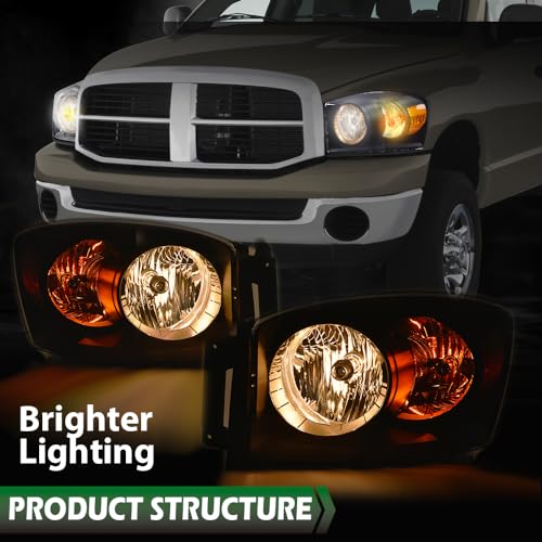 Image of GRAND ORANGE Headlights Assembly with Bulbs Compatible with Dodge Ram 1500 Truck 2006-2008 /Fits Dodge Ram 2500 3500 Truck 2006-2009 Left and Right Side Clear Lens Black Housing Amber Reflector