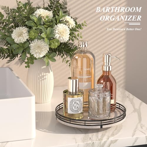 Image of 10 inch Oak Bathroom Vanity Tray Turntable for Perfume Candle, Round Wooden Decorative Tray for Kitchen Sink Countertop Organizer, Bathroom Counter Organizer for Skincare Makeup, Rustic Whitewased