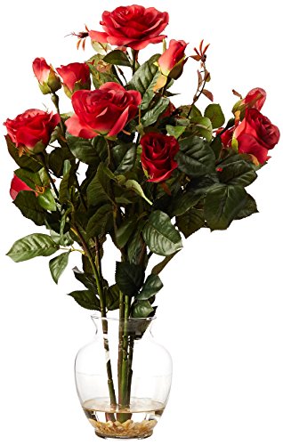 Nearly Natural 1281-RD Rose Bush with Vase Silk Flower Arrangement, Red,6.75