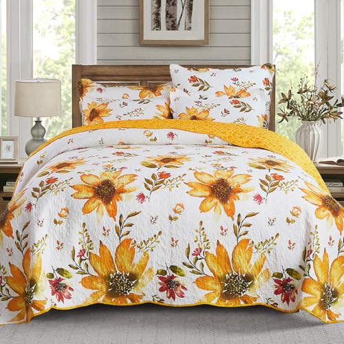 Cmfshape Floral Quilt Sets Bedspread Set 100% Cotton Yellow Sunflower Bedding Set Reversible Lightweight Soft Bedspread Coverlet for All Season with 2 Pillow Shams(Queen 92x96)
