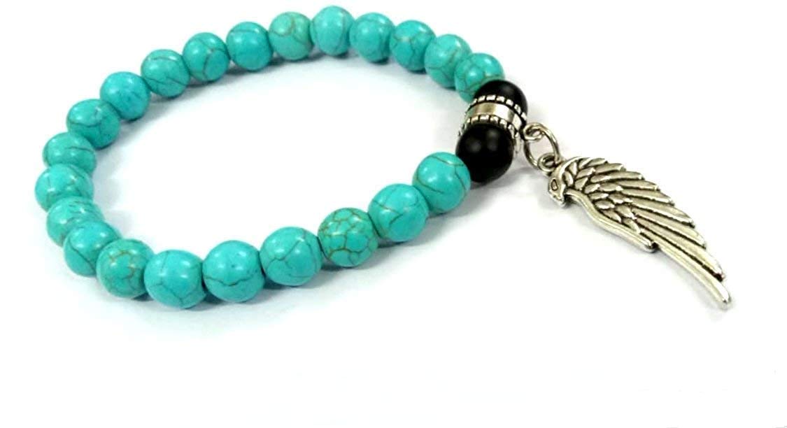Turquoise Stone with Black Tourmaline with Feather Charm Bracelet for Both Men & Women | Reiki Crystal Healing Bracelet Help to Protect Against Negative Energy | 8mm Bead Size-image-45
