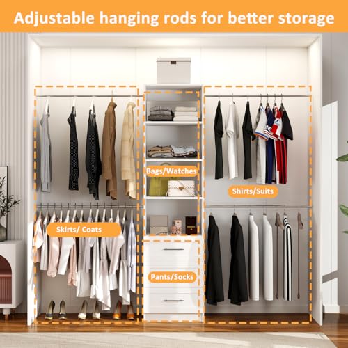 Closet-System-5FT-8FT-Closet-Organizer-System-with-4-Expandable-Hanging-Rods-and-Moveable-Shelves-99-Walk-in-Closet-System-with-3-Wooden-Drawers-Custom-Built-in-Closet-Wall-Mount-White Closet System 5FT 8FT Closet Organizer System with 4 Expandable Hanging Rods and Moveable Shelves 99 Walk in Closet System with 3 Wooden Drawers Custom Built in Closet Wall Mount White