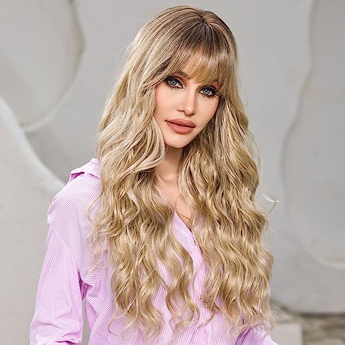 EMMOR Ombre Blonde Wigs for Women Long Curly Wigs with Bangs Heat Resistant Fiber Synthetic Wig Daily Natural looking - Image 3