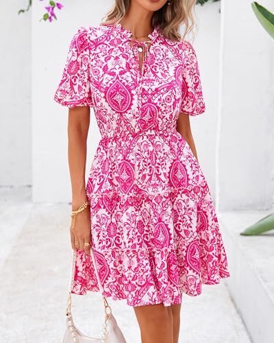 Image of BTFBM Women Summer Floral Short Dresses V Neck Short Sleeve Tiered Ruffle Boho Swing Dress A-Line Mini Dresses