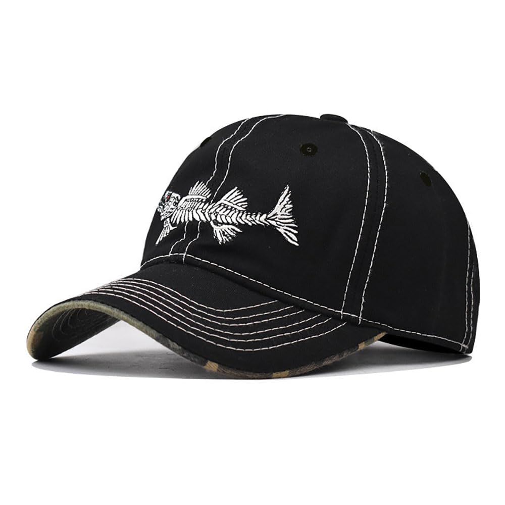 Fish Bone Embroidered Baseball Cap Classic Vintage Cotton Cap Neutral Baseball Cap Outdoor Cap, Black, L