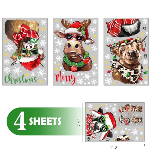 Mfault Merry Christmas Highland Cow Window Clings 4 Sheets, Xmas Holiday Farm Animals Stickers Decals Decorations, Farmhouse Cowboy Winter New Year 2025 Rustic Home Kitchen Decor
