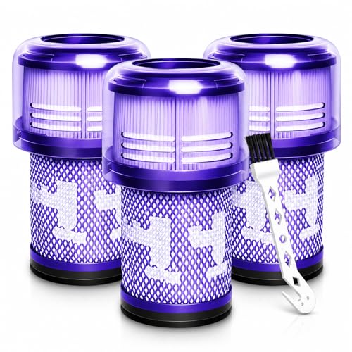 Image of 3-Pack V12 Filter Replacements Compatible for Dyson V12 Detect Slim, SV30, SV46, SV34, SV35 Detect Slim Animal, Slim+, V12 Slim Absolute Cordless Vacuum, Part # 971517-01 Parts, 1 Cleaning Brush