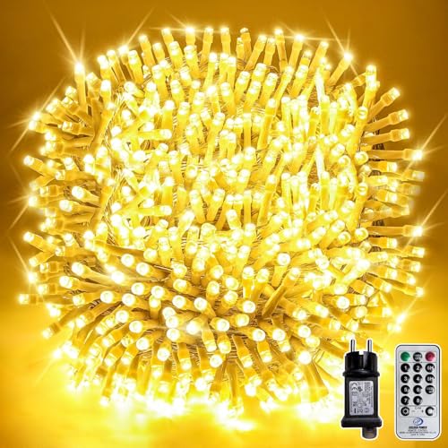 Soagrc Lichterkette Außen 1000 LEDs 100M Warmweiß IP44 Wasserdicht Strombetrieben Outdoor Lichterkette mit Fernbedienung 8 Modi Timer für Garten Balkon Weihnachten Hochzeit Party