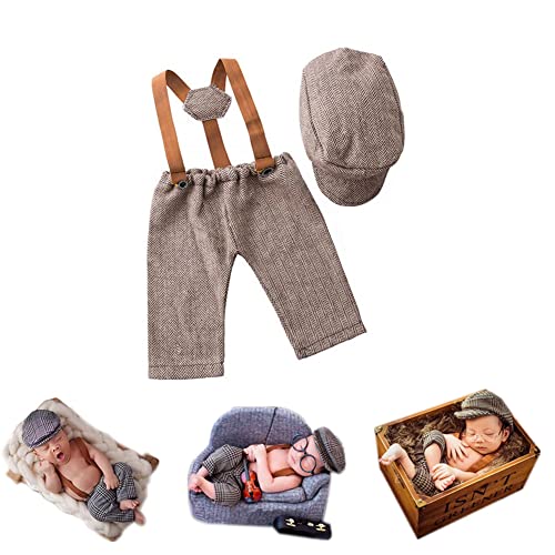Image of Newborn Monthly Baby Photo Props Stripe Checked Flat Cap Newsboy Suspender Pants Romper for Photography Outfits
