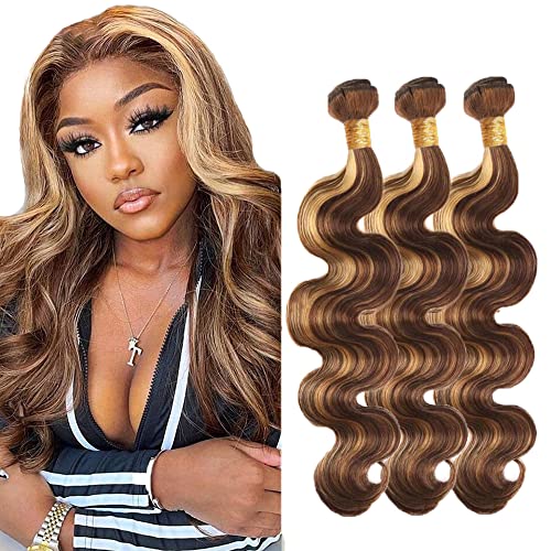 Highlight Bundles Ombre Human Hair Brazilian Virgin Body Wave 3 Bundles 18 18 18 Inch Honey Blonde Human Hair Bundles P4/27 Human Hair Bundles Brown Color Soft Brazilian Body Wave Hair Extensions
