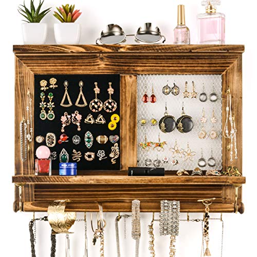 Sunix Rustikaler Schmuckhalter aus Netzstoff, zur Wandmontage, zum Aufhängen von Halsketten, Ohrringen, Armbändern mit Stange, Regal und Haken Cover