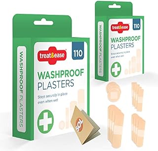 220 Treat&Ease Washproof Plasters & Dressing Supplies | Breathable Childrens Plasters Waterproof Assorted Plasters Kids | Round, Small, Medium, Large Finger Plasters for First Aid Kit + SOL Notebook