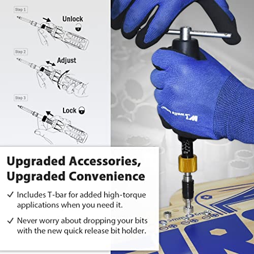 Image of FIRSTINFO H51835 Precision Certified Torque Limited Screwdriver 5-25 in-lbs with 1 /4 Inch Universal Hex Bit Holder Quick Release Design and Extra T-Handle