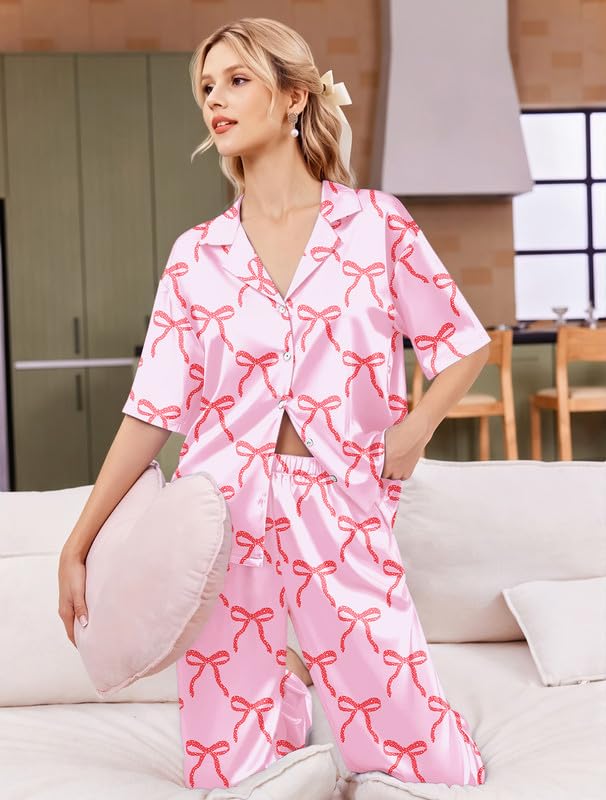 Image of Ekouaer Silk Satin Pajamas Set Women Short Sleeve Pj Sets Button Down Sleepwear 2 Piece Soft Loungewear S-XXL
