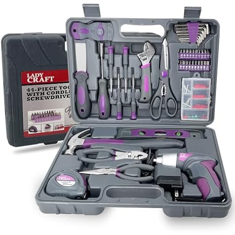 Werktough 44PCS 4V Cordless Screwdriver Tool Kit Set Pink Color Tools Lady Tools Kit Home Repair Set Toolbox Hand Tool Kit Storage Case Gift Set LADYCRAFT Cover